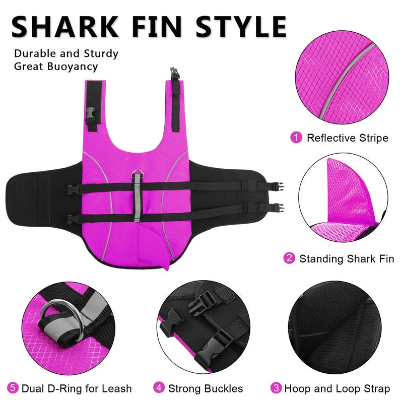 Queenmore Ripstop Dog Life Jacket Shark Life Vest for Dogs, Safety Lifesaver with High Buoyancy and Lift Handle for Small and Medium Breedsï¼ˆRose Red Mï¼‰ - Image 4